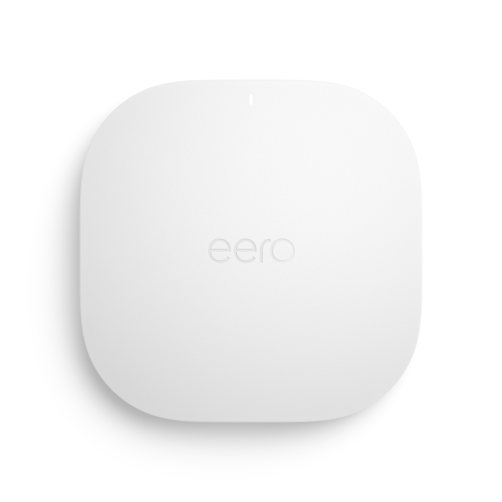Front view of the eero PoE 7, a white rounded-square mesh access point with the eero logo embossed at center.