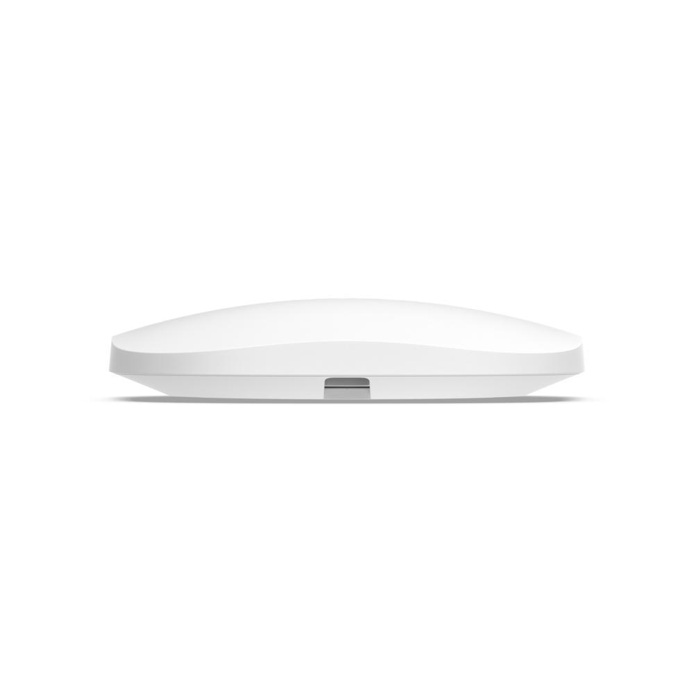 eero PoE 7 device, bottom view — white rounded oval base with gray Ethernet port and mounting slot