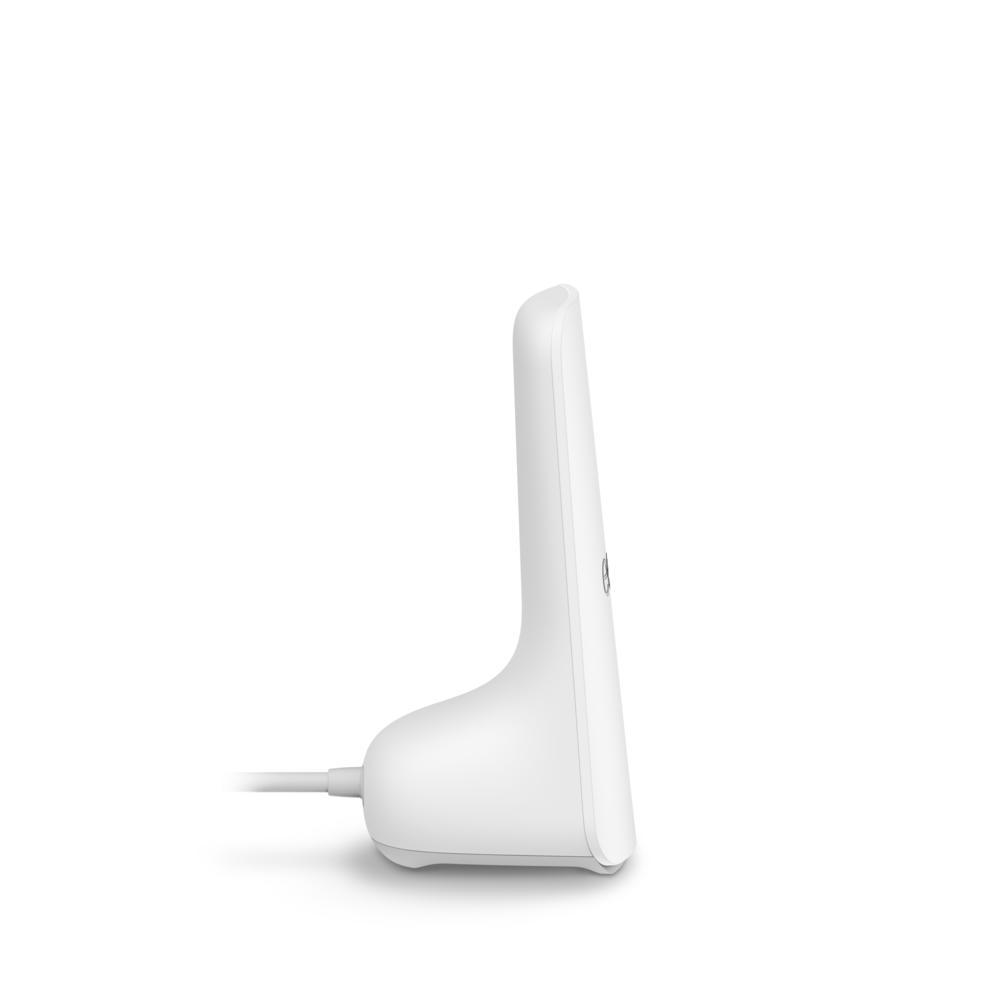 Dispositivo eero Signal, vista lateral — torre blanca brillante con base curva, indicador LED, logo eero y cable Ethernet blanco