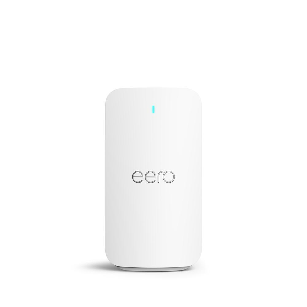 Dispositivo eero Signal, vista frontal — torre blanca brillante con indicador LED aqua y logo eero