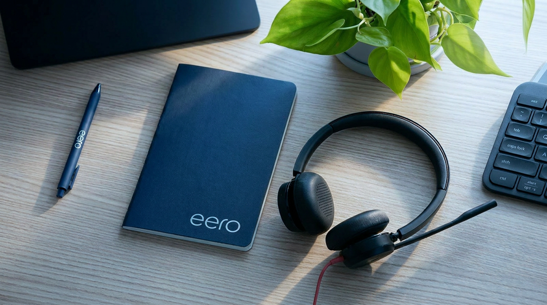 Ein eero-Markenarbeitsplatz mit einem marineblauen Notizbuch mit eero Logo, einem eero Stift, einem schwarzen Over-Ear-Headset mit rotem Kabel, einer kabellosen Tastatur und einer grünen Topfpflanze auf einer hellen Holzschreibtischoberfläche.