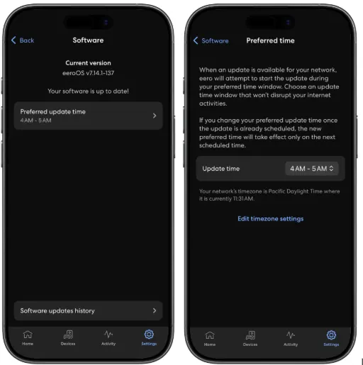 Scheduled OTA Update screen