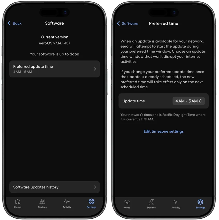 Scheduled OTA Update screen