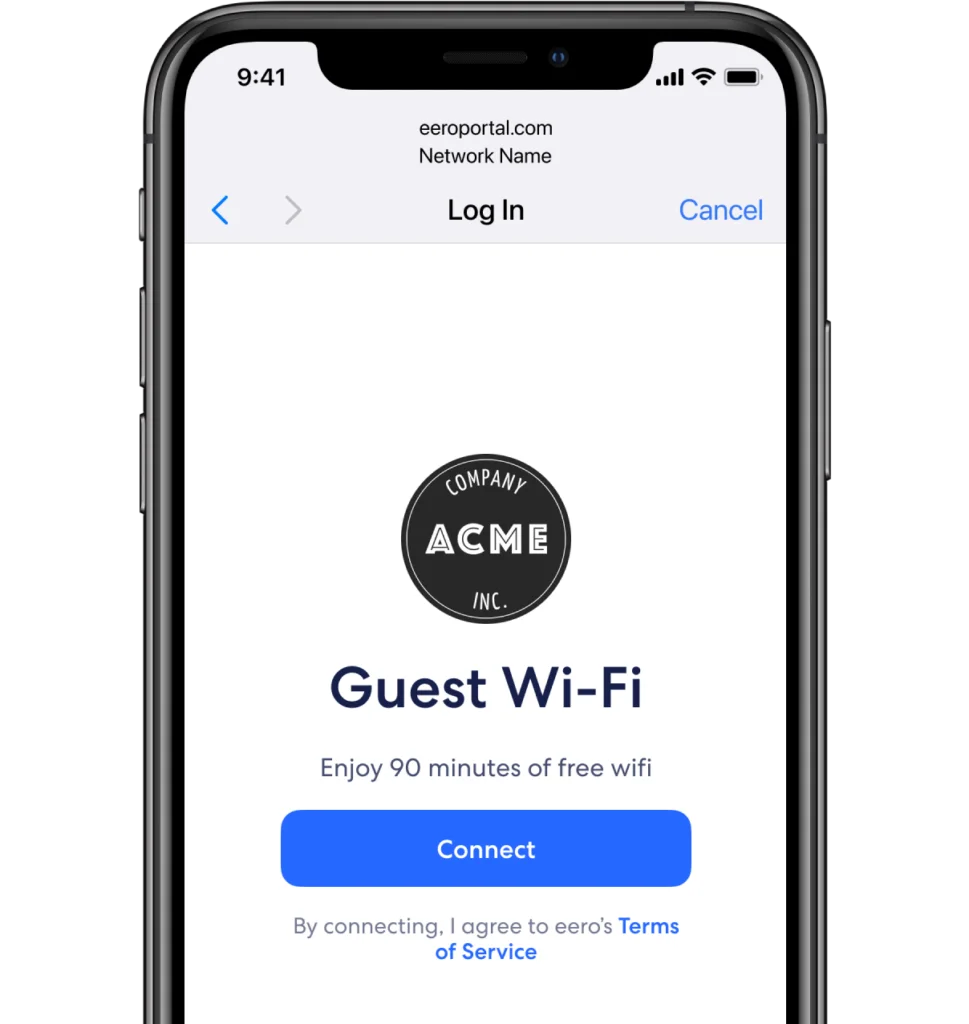 Captive Portal allows you to create a branded wifi experience by letting connected users (like visitors, customers, and guests) accept online terms and quickly access guest wifi.