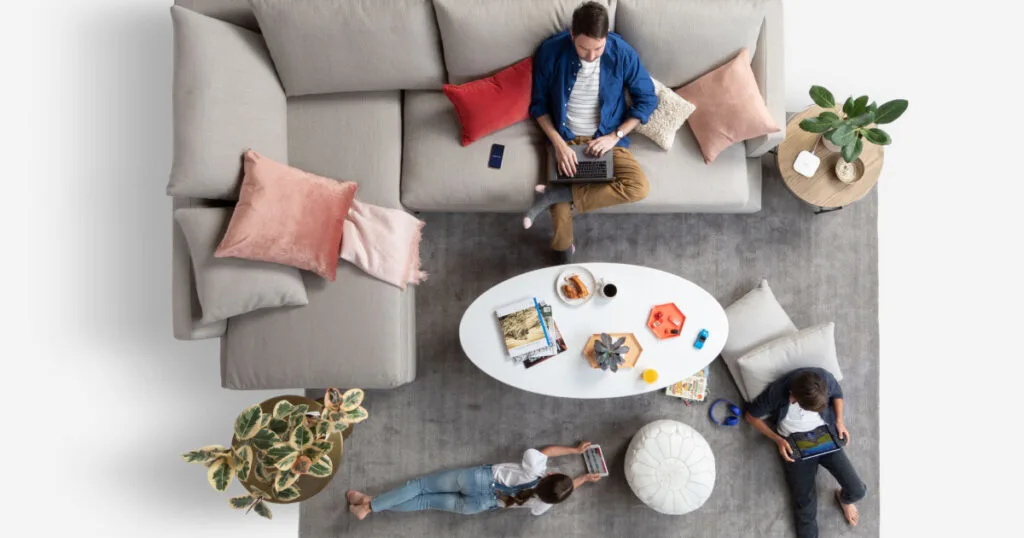 Family using electronic devices
