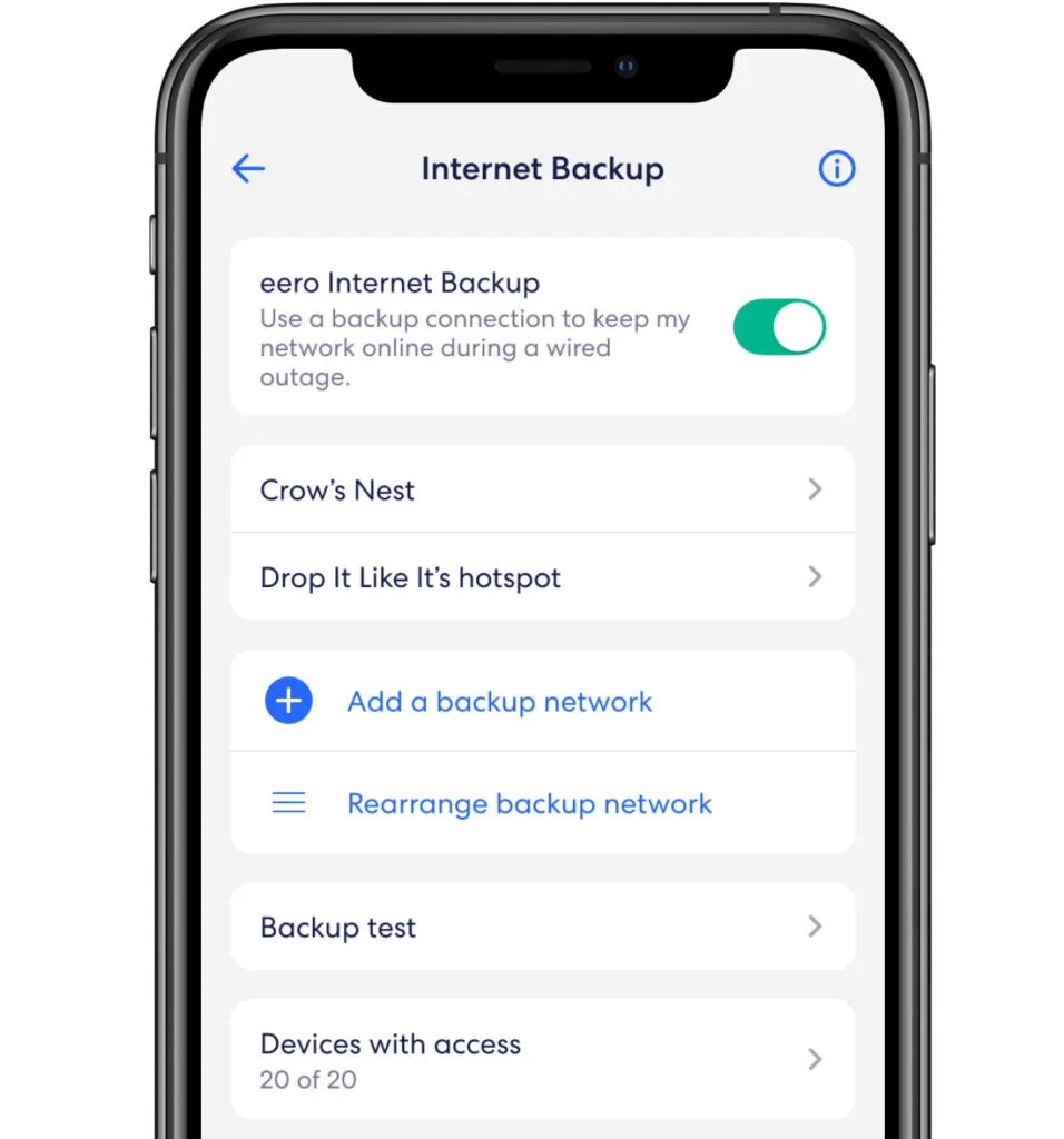 eero Internet Backup lets you add alternate wireless connections—like a personal hotspot—to keep your wifi up and running even when your wired connection goes down.